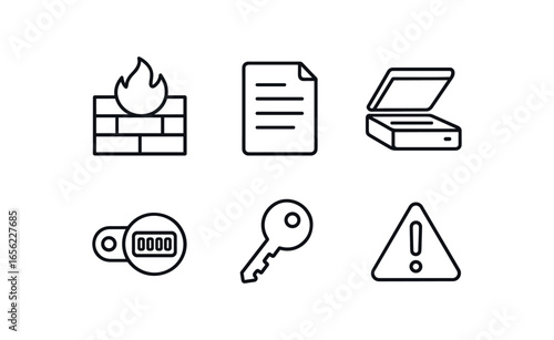 simple outline stroke icon items monoline icons style isolated on white background cybersecurity analyst (tools): firewall log scanner token key alert