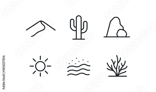 simple outline stroke icon items monoline icons style isolated on white background desert (natural): dune cactus rock sun sand shrub
