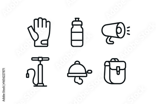simple outline stroke icon items monoline icons style isolated on white background cycling (gear): glove bottle light pump bell bag