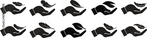 Feather in hand icons set in flat styles. Lightweight symbols collection and soft feather group. Sensitive sign for fabric, clothing, beauty product, light material, and delicate concept vectors.