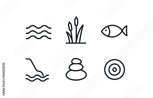 simple outline stroke icon items monoline icons style isolated on white background riverloom (water): wave reed fish bank stone ripple