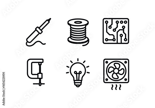 simple outline stroke icon items monoline icons style isolated on white background makerspace (solder): iron wire board clamp light vent