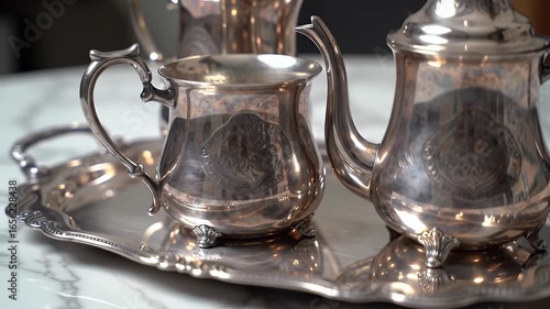 Elegant Silver Tea Set with Intricate Design on Marble Tabletop in Soft Lighting