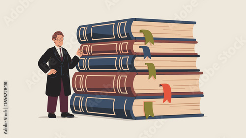 legal expert standing beside a tall stack of law books vector illustration