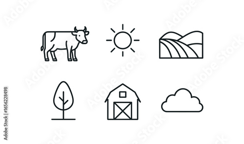 simple outline stroke icon items monoline icons style isolated on white background mural (neon pastoral): cow sun hill tree barn cloud