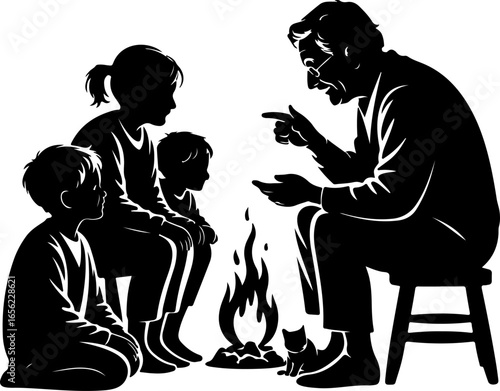 A heartwarming silhouette of a grandparent and one or more grandchildren sitting close together around a small indoor fireplace