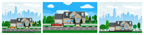 Suburban house with car and front yard on a street, featuring a city skyline. Real estate and home ownership concept.