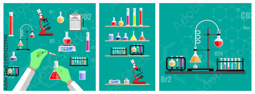 Chemistry lab equipment and scientist conducting an experiment. Science education and research concept for laboratory work.
