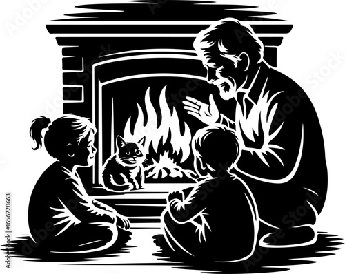 A heartwarming silhouette of a grandparent and one or more grandchildren sitting close together around a small indoor fireplace