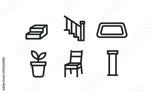 simple outline stroke icon items monoline icons style isolated on white background porch (pull ): step rail mat pot chair beam