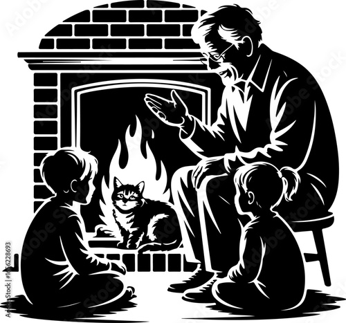A heartwarming silhouette of a grandparent and one or more grandchildren sitting close together around a small indoor fireplace