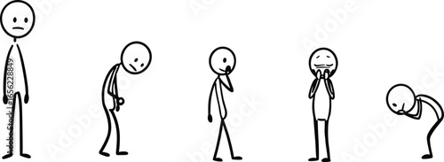 Stick figure silhouette, emotional posture, sad expression, thinking pose, surprised reaction, pain gesture, human emotion, body language, discomfort stance, abstract character