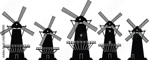 Windmill silhouette, traditional wind turbine, vintage windmill design, rural energy source, historic wind power, countryside structure, blade rotation, eco-friendly landmark
