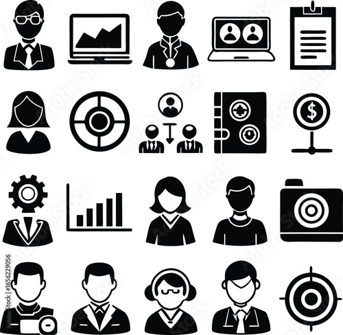 Collection of business and professional icons representing people data analysis and corporate operations for presentations and websites