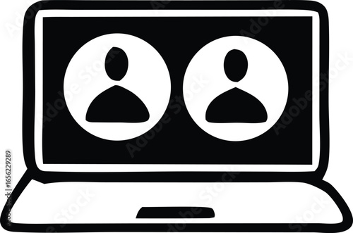 Simple black and white illustration of a laptop displaying two user profile icons symbolizing online communication and virtual meetings