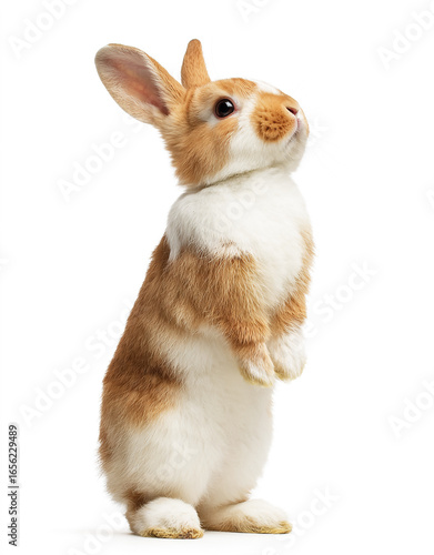 Cute light brown and white rabbit standing on its hind legs, looking up, isolated on a clear white background.
