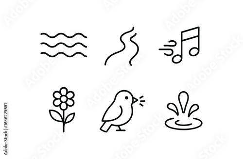 simple outline stroke icon items monoline icons style isolated on white background river (songs): wave flow hum breeze chirp splash