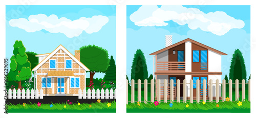 Two different family houses with green lawn. Real estate property concept. Cozy residential home. Sale or rent vector illustration.