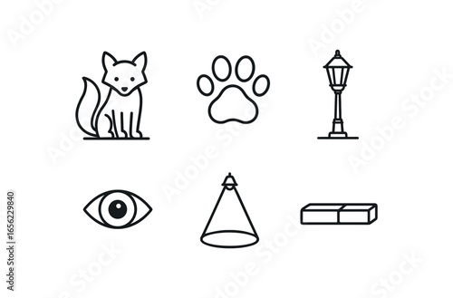 simple outline stroke icon items monoline icons style isolated on white background fox (streetlamp): tail paws eyes shadow light curb