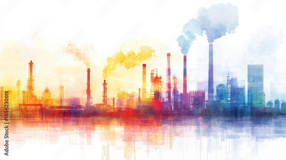 Fototapeta premium Colorful industrial skyline with smokestacks and factories, showcasing pollution and urban development. vibrant hues create striking visual impact