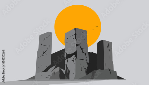 Stonehenge-inspired minimalist illustration with a bright sun, evoking mystery and ancient history.