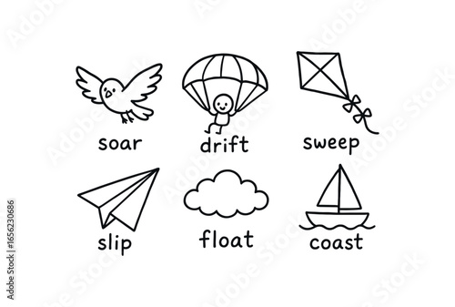 hand drawn cute doodle ink line art style line monochrome monochrome isolated on white background aerial glide (types): soar drift sweep slip float coast
