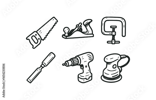 hand drawn cute doodle ink line art style line monochrome monochrome isolated on white background kayak deck shaper (tools): saw plane clamp chisel drill sander