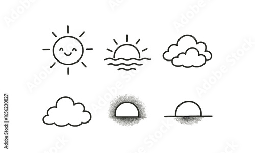 hand drawn cute doodle ink line art style line monochrome monochrome isolated on white background gold horizon (features): glow haze cloud tint silhouette gradient