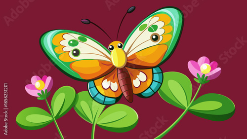 Butterfly resting on wild clover flowers in natural sunlight. A colorful, picturesque macro shot with a dreamy effect in dark red background  vector illustration.