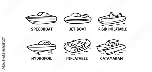 hand drawn cute doodle ink line art style line monochrome monochrome isolated on white background fast watercraft (types): speedboat jet rigid inflatable hydrofoil catamaran