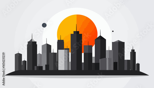 Urban Silhouette A Vector Illustration of a Cityscape with a Rising Sun Depicting Modern Architecture
