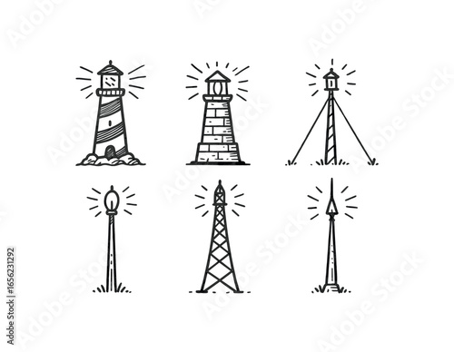 hand drawn cute doodle ink line art style line monochrome monochrome isolated on white background signal beam tower (types): lighthouse beacon mast pylon pole spire