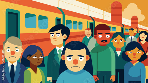 Sad and frustrated passengers standing near a train, symbolizing delays, overcrowding and commuter stress