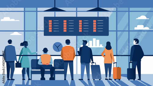 Passengers waiting at the airport terminal and looking at the departure board, symbolizing travel and anticipation