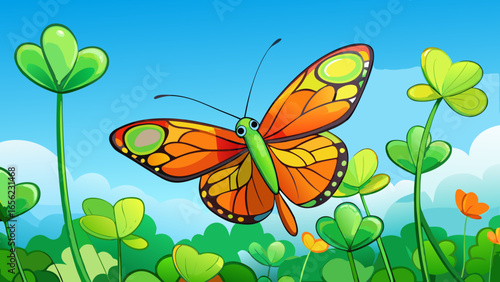 Butterfly resting on wild clover flowers in natural sunlight. A colorful, picturesque macro shot with a dreamy effect in blue background  vector illustration.