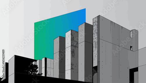 Abstract Architectural Composition Modern Building Structure with Geometric Color Overlay