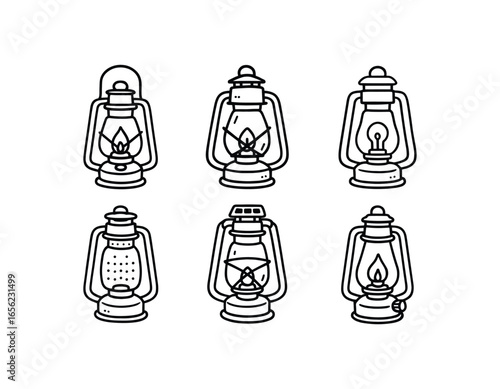 hand drawn cute doodle ink line art style line monochrome monochrome isolated on white background shipboard lantern (types): oil kerosene electric LED solar gas