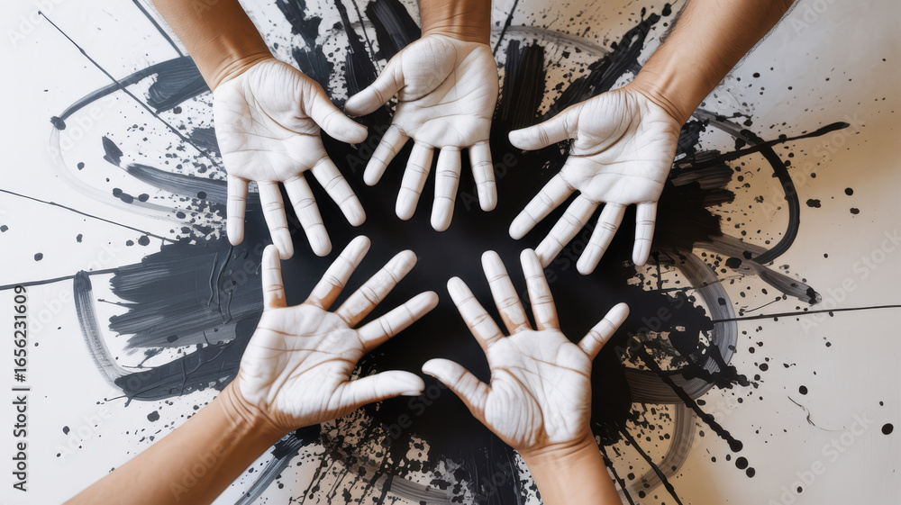 Obraz premium Diverse group of artists wearing white gloves collaborating on a large abstract black and white painting
