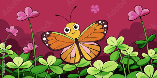 Butterfly resting on wild clover flowers in natural sunlight. A colorful, picturesque macro shot with a dreamy effect in dark pink green background  vector illustration.