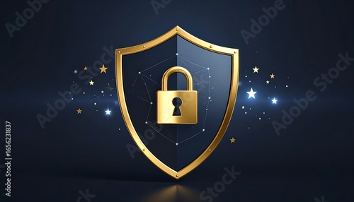 Gold Shield with Padlock, and Cyber Security.
