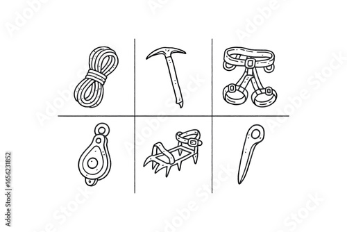 hand drawn cute doodle ink line art style line monochrome monochrome isolated on white background ice cavern rescuer (tools): rope iceaxe harness pulley crampon anchor