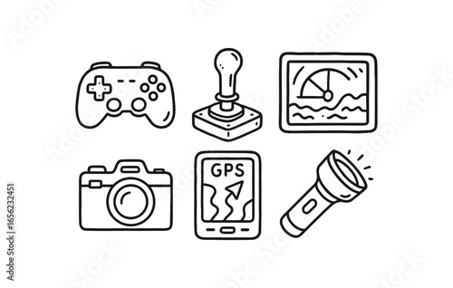 hand drawn cute doodle ink line art style line monochrome monochrome isolated on white background offshore current drone pilot (tools): console joystick sonar camera GPS light