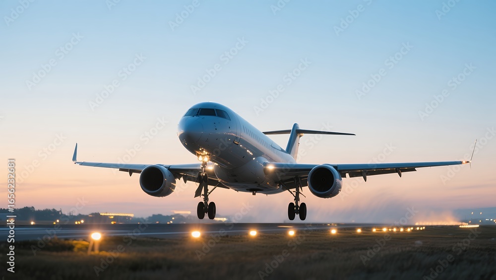 Obraz premium Commercial Airplane Landing at Sunset on Runway with Bright Lights