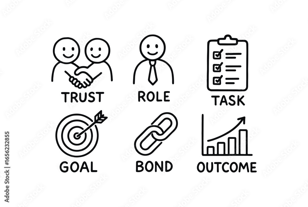 Fototapeta premium hand drawn cute doodle ink line art style line monochrome monochrome isolated on white background team linkage (elements): trust role task goal bond outcome