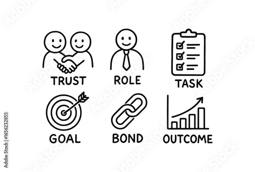 hand drawn cute doodle ink line art style line monochrome monochrome isolated on white background team linkage (elements): trust role task goal bond outcome