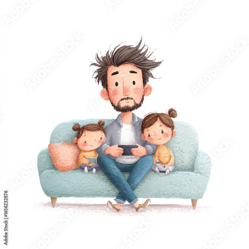 Watercolor Illustration of Father and Twin Daughters Relaxing on a Couch