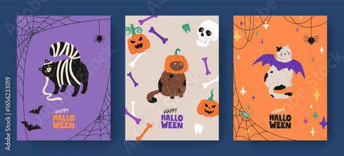 Hand drawn colorful cards set of Halloween with cats in costumes, mummy, bats, pumpkins, spider web, bones and typography. Festive cartoon design for print, invitation, poster, flyer, banner