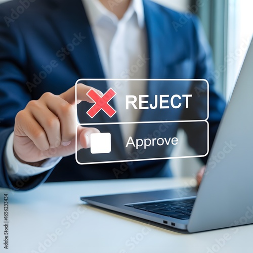 Hand rejecting a digital proposal with approve option visible decision choice