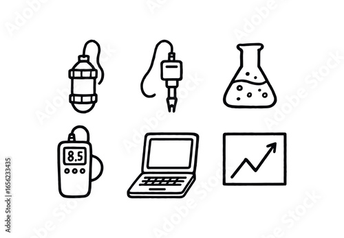 hand drawn cute doodle ink line art style line monochrome monochrome isolated on white background biogeochemist (tools): sampler sensor flask meter laptop chart
