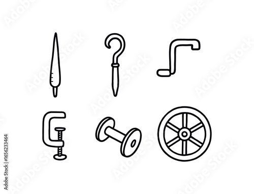 hand drawn cute doodle ink line art style line monochrome monochrome isolated on white background cord twister (tools): spindle hook crank clamp bobbin wheel